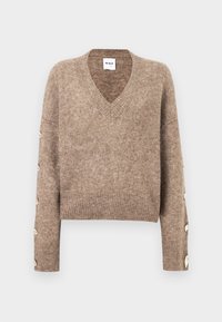 Καφέ, υφασμάτινος πουλόβερ με υφή και V-λαιμόκοψη με μακριά μανίκια. Διαθέτει ριμπ τελείωμα και κουμπιά κατά μήκος των μανικιών, κατασκευασμένο από απαλό πλεκτό ύφασμα.