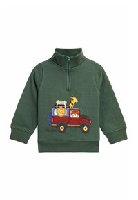 Pullover verde per bambini con zip a quarti, dotato di un'applique a forma di veicolo rosso che trasporta un leone, una giraffa e una tigre.