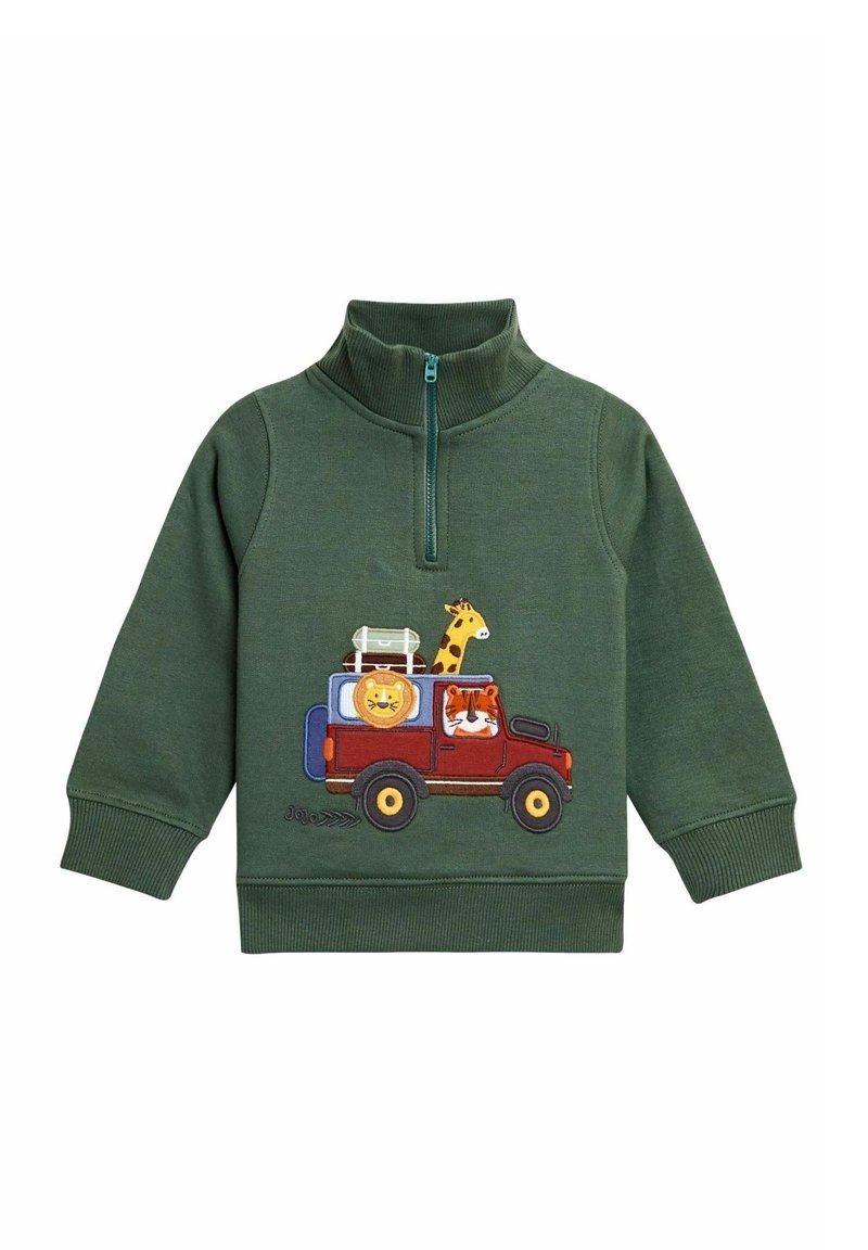 Pullover verde per bambini con zip a quarti, dotato di un'applique a forma di veicolo rosso che trasporta un leone, una giraffa e una tigre.