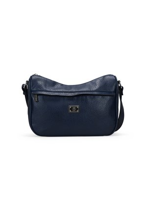 Bolso de hombro de cuero azul marino con textura suave, forma redondeada, cierre de cremallera y una placa de logo metálico en la parte frontal. Incluye correa ajustable.