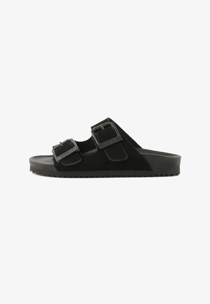 Čierna šľapka s dvoma nastaviteľnými prackami a textúrovanou podrážkou pre lepšiu priľnavosť, zobrazená z bočného profilu na bielom pozadí.