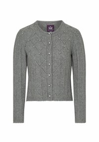 Grau gestrickter Cardigan mit rundem Ausschnitt, der ein Rautenmuster, eine gewellte Saumkante und Perlmuttknöpfe auf der Vorderseite aufweist.