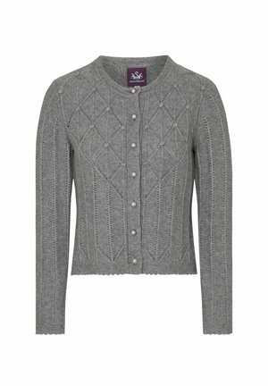 Grijze gebreide cardigan met een ronde halslijn, voorzien van een ruitpatroon, een golvende zoom en parelknopen aan de voorkant.