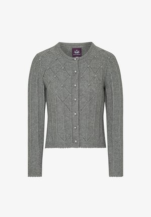 Grijze gebreide cardigan met een ronde halslijn, voorzien van een ruitpatroon, een golvende zoom en parelknopen aan de voorkant.