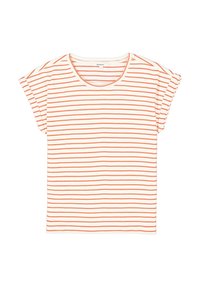 Gestreiftes kurzärmliges Baumwoll-T-Shirt mit Rundhalsausschnitt; verfügt über dünne orange Stripes auf weißem Hintergrund. Weiche Textur.