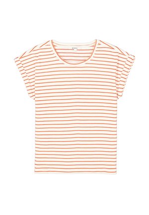 T-shirt en coton à manches courtes rayé avec un col rond ; présente de fines rayures orange sur un fond blanc. Texture douce.