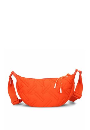 Gepolsterte, runde orange Tasche mit Reißverschluss, verstellbarem Riemen und dekorativen Kordeln. Sie verfügt über eine strukturierte Oberfläche und ein kompaktes Design.