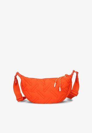 Quilted, rounded orange bag with a zip closure, adjustable strap, and decorative drawstrings. Features a textured surface and a compact design.