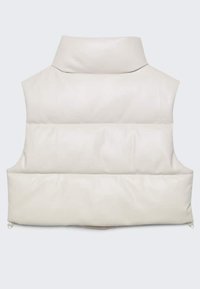 Gilet matelassé sans manches de couleur crème avec un col montant et un matelassage horizontal, vu de dos.
