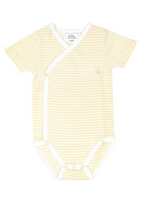 Body a maniche corte a righe bianche e gialle, con design avvolgente e chiusure a scatto sul fondo e sul lato per unabbigliamento facile.