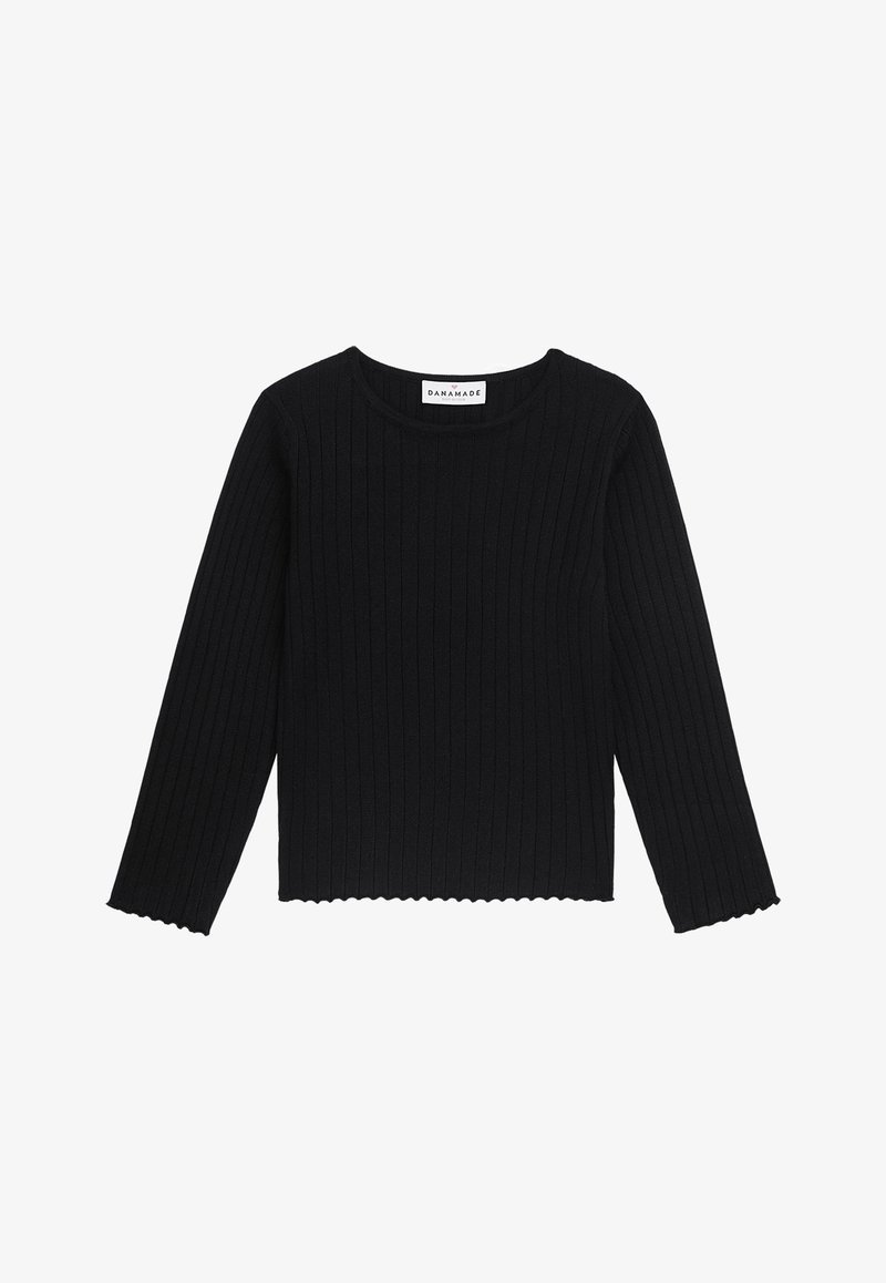 Schwarzes, geripptes Langarmoberteil mit rundem Halsausschnitt und gewelltem Saum. Hergestellt aus einem weichen Stoff, mit vertikalen Streifen über das gesamte Kleidungsstück.