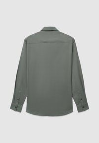Camicia a maniche lunghe in tessuto verde spento, con colletto a punta, polsini con bottoni e un design slanciato con schiena piatta.