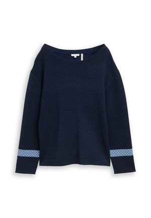 Donkerblauw langemouwtrui met een gestructureerd patroon en lichtblauwe accentstrepen bij de boorden. Wijde boot halslijn. Ontspannen pasvorm.