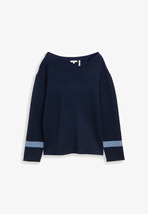 Donkerblauw langemouwtrui met een gestructureerd patroon en lichtblauwe accentstrepen bij de boorden. Wijde boot halslijn. Ontspannen pasvorm.