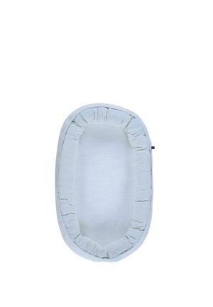 Soft light gray oval baby nest with padded edges and a smooth flat base on white background.