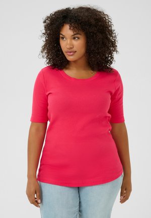 T-shirt à manches courtes, col rond en rose vif, fabriqué en tissu côtelé. Conception ajustée avec une texture lisse et un léger stretch.