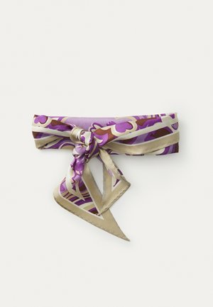 Silk scarf in purple and gold with abstract patterns. Features a knotted design and pointed ends, highlighting smooth texture and vibrant colors.