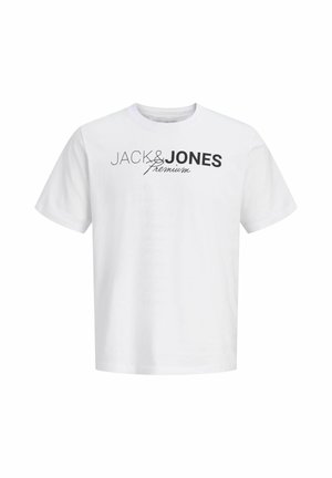 Biele tričko s krátkym rukávom s potlačou loga "JACK & JONES Premium" prekračujúcou hruď v čiernom a sivom písme.