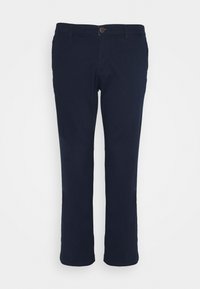 Navyblå byxor gjorda av bomullsmix, med rak passform, bältesömmar och knappstängning fram.