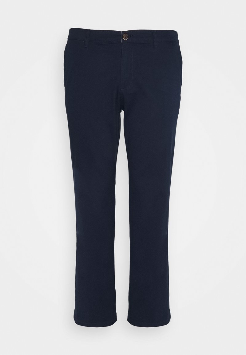 Navyblå byxor gjorda av bomullsmix, med rak passform, bältesömmar och knappstängning fram.