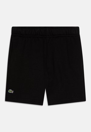 Zwarte katoenen shorts met een elastische tailleband en zijpanelen. Heeft een klein groen en wit geborduurd logo aan de onderste linkerkant.
