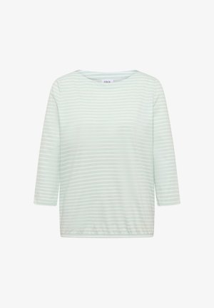 Chemise à manches longues rayée vert clair et blanc avec un col rond et un ourlet légèrement élastiqué, présentée sur un fond blanc.