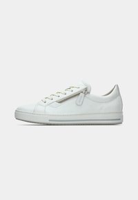 White leather sneaker with a low-top design, lace-up front, and side zipper detail. Textured surface with a flat rubber sole and grey stripe.