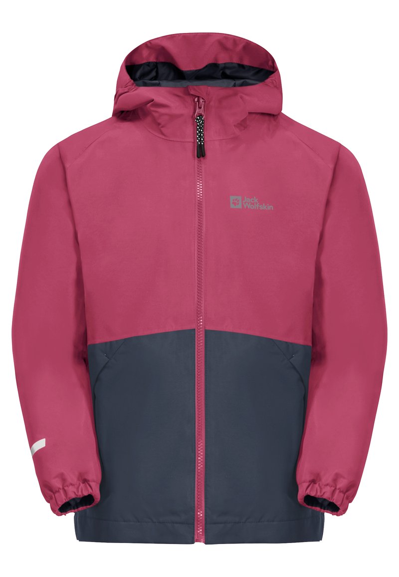 Wasserdichte Kinderjacke mit pinkem Oberteil, dunkelblauem Unterteil, elastischen Bündchen, Reißverschluss und Logodetail auf der Brust.