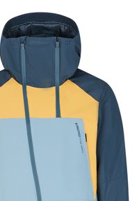 Kleurvolle jas met een blauw en geel ontwerp, voorzien van een grote borstzak en een verstelbare capuchon. Gemaakt van gestructureerde, lichte stof.