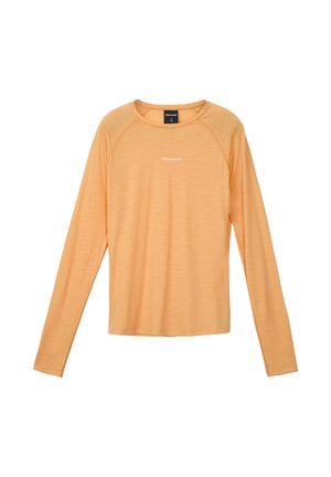 Lichtoranje shirt met lange mouwen en ronde hals, met een klein wit "Nnormal" logo in het midden van de borst, tegen een witte achtergrond.