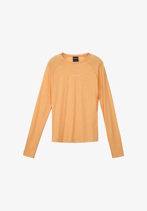 Lichtoranje shirt met lange mouwen en ronde hals, met een klein wit "Nnormal" logo in het midden van de borst, tegen een witte achtergrond.