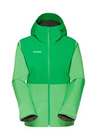 Giacca da esterno verde con cappuccio, cerniera frontale, maniche lunghe e logo "Mammut" sul petto.