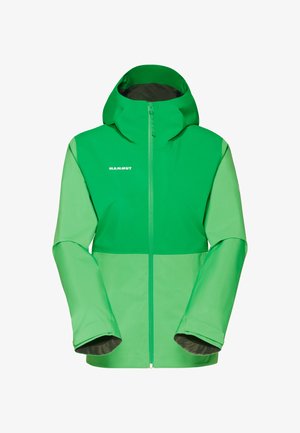 Grøn hættejakke til udendørs brug med lynlås foran, lange ærmer og "Mammut"-logo på brystet.