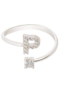 Silver ring featuring a capital letter "P" adorned with small clear gemstones, alongside a round clear stone set in a secure prong setting.
