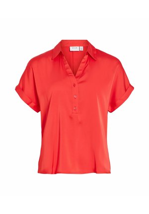 Koraalroze korte mouwen blouse met kraag, drieknopsbies en omslagen aan de mouwen, gemaakt van glad, lichtgewicht stof.