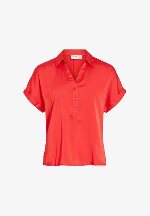 Koraalroze korte mouwen blouse met kraag, drieknopsbies en omslagen aan de mouwen, gemaakt van glad, lichtgewicht stof.