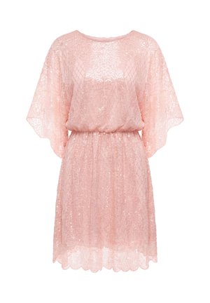 Hellrosa kurzes Kleid mit wellenförmigem Saum, lockeren kurzen Ärmeln, tailliert und einem dezenten Muster aus Pailletten und Spitze durchgehend.