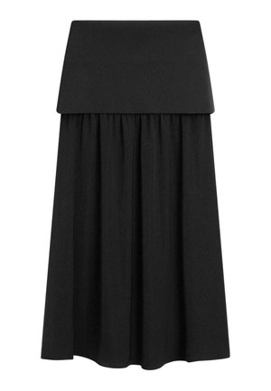 Schwarzer Midirock mit breitem Bund und gerafftem Stoff, der weiche Falten bildet, entworfen für eine lockere, fließende Passform.