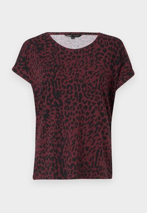 Burgundy t-shirt with black leopard print, round neckline, short sleeves, relaxed fit, soft fabric texture, minimal stitching details.