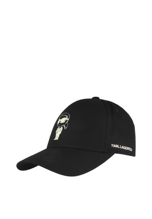 Schwarze Baseballkappe mit einer vorderseitig bestickten Cartoon-Figur, die Sonnenbrille trägt und einen Pferdeschwanz hat, sowie dem Text "KARL LAGERFELD" an der Seite.