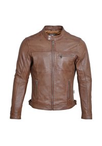 Brun läderjacka med hög krage, dragkedjefront och två sidofickor. Har sömnadsdetaljer och en ficka med dragkedja på bröstet.