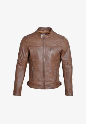 Braune Lederjacke mit hochgeschlossenem Kragen, Reißverschluss vorne und zwei Seitentaschen. Besitzt eine gestickte Dekoration und eine mit Reißverschluss verschlossene Brusttasche.