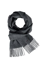 Écharpe grise en tissu doux, avec des bords frangés et une petite étiquette de marque. Elle a une texture lisse avec une couleur neutre.