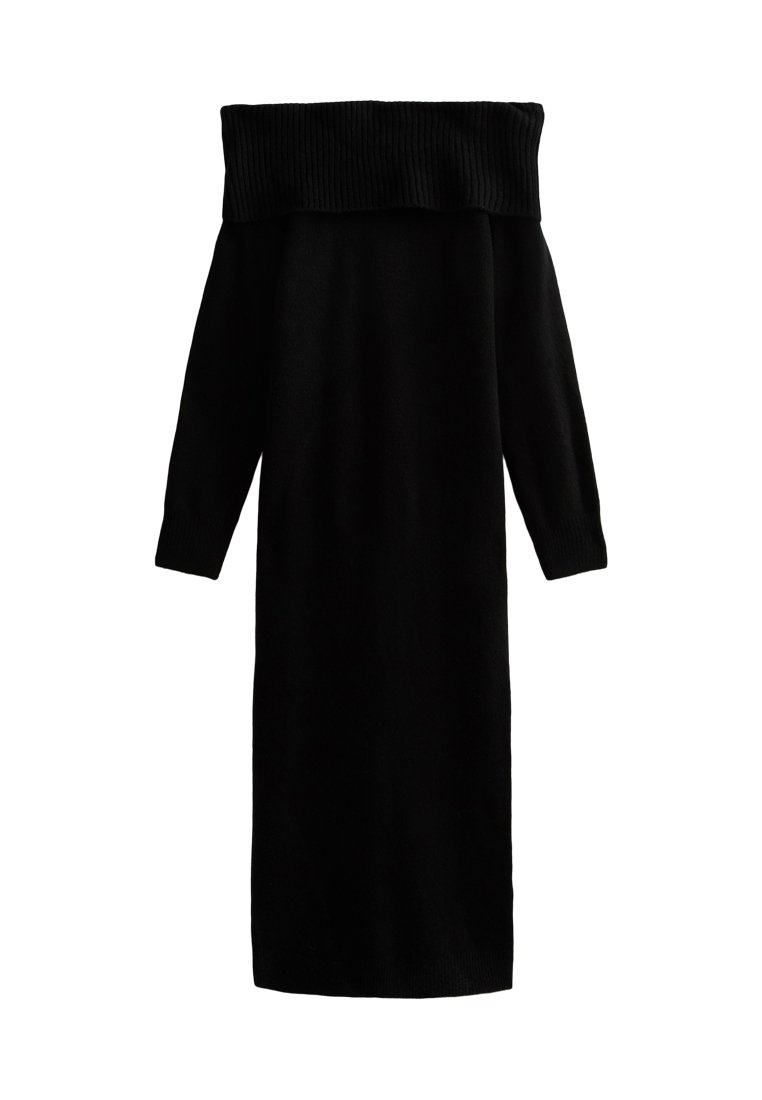Abito nero a maglia con scollatura a spalle scoperte ribbed e maniche lunghe, caratterizzato da una linea dritta e una texture morbida.