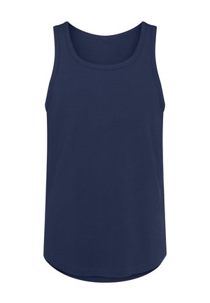 Navy blue sleeveless tank top with a rounded scoop neckline and curved hem, made of smooth fabric.