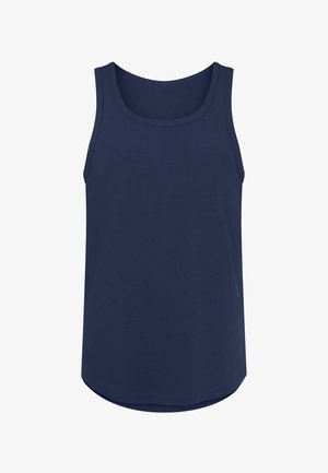 Námořnická modrá bezramenná tílko s kulatým výstřihem a zakřiveným lemem, vyrobené z hladké látky.