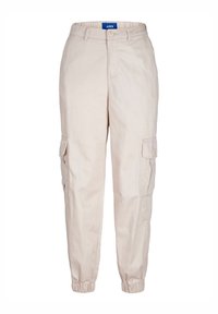 Světle béžové cargo kalhoty vyrobené z bavlny, s bočními kapsami, zúženými manžetami a elastickým pasem pro pohodlí.