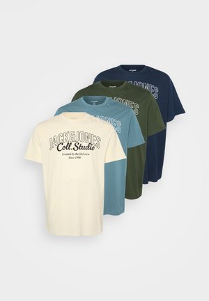 Set of four short-sleeve t-shirts in beige, blue, green, and navy, each featuring a logo print in a contrasting shade. Cotton material.