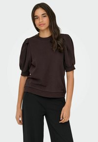 Dark brown pullover sweatshirt featuring puffed short sleeves, a round neckline, and a straight hem, made from soft cotton blend fabric.