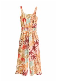 Mono floral con un corsé ajustado, cintura fruncida y piernas anchas. Presenta vibrantes patrones tropicales en naranja, rosa y verde sobre un fondo crema.